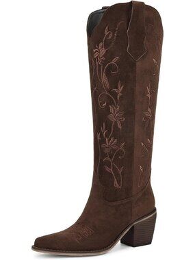 Women's Suede Chocolate Cowboy Knee High Cowgirl Boots Pointed Toe Chunky Heels